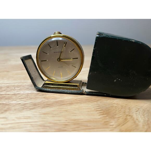 Vintage Bucherer Travel Alarm Clock in Green Leather Case by Swiss Untested JL - Picture 1 of 10